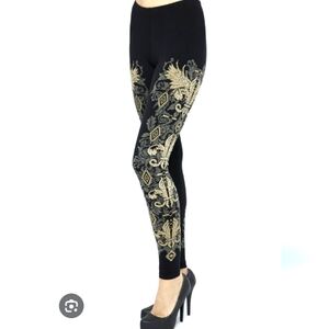 VOCAL Womens CRYSTAL BLACK FLEUR DE LIS ANGEL WINGS LEGGINGS‎ S NWOT
